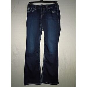 Silver Suki Jeans Women 28x32 Blue Boot Cut Low Rise Dark Wash Heavy Stitch